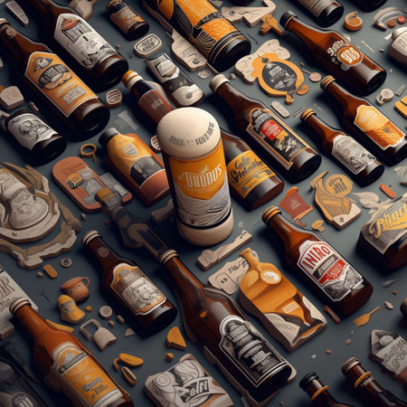 Big collection of different types of beer. Top view. 3d illustrationの素材