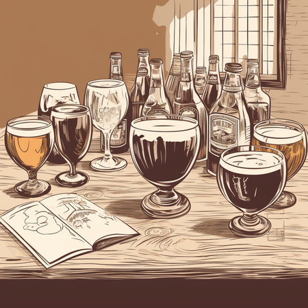 Illustration of a set of different types of beer on a wooden tableの素材
