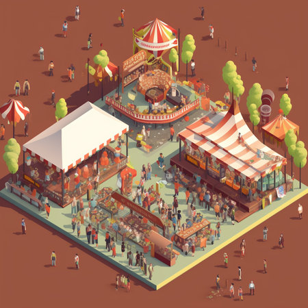 Circus isometric 3d composition with people and fairground rides vector illustrationの素材