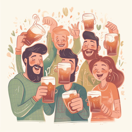 Happy friends drinking beer and having fun. Vector illustration in vintage style.の素材