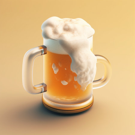 Mug of beer with foam on a yellow background. 3d illustrationの素材