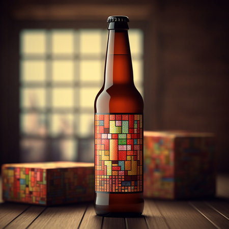 Bottle of beer with colorful cubes on a wooden floor. 3d illustrationの素材