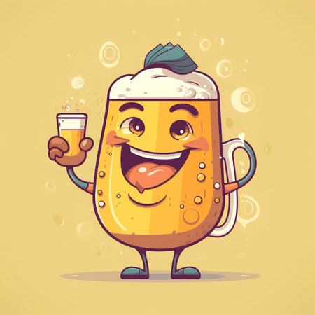 Beer character vector illustration. Cute cartoon beer character with a glass of beer.の素材