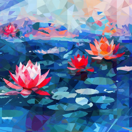 Water lilies on the background of the blue sky. Vector illustration.の素材