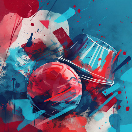 abstract watercolor background with red and blue paint splashes and brushesの素材