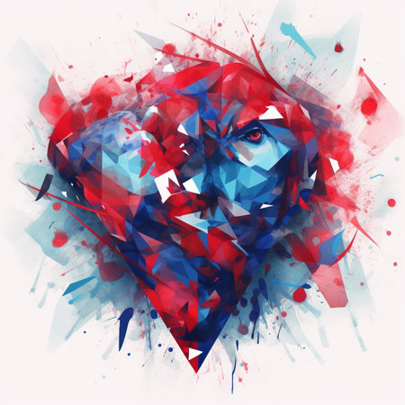 Colorful abstract portrait of a man with a heart in his handsの素材
