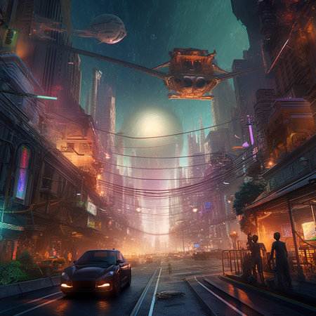 Surreal 3d rendering of a car driving in the city at nightの素材