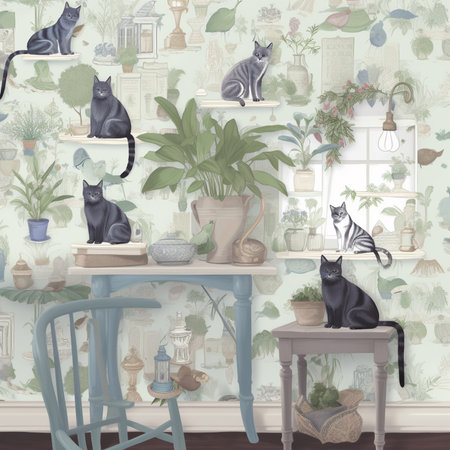 Illustration of cats in a room with flowers and plants on the wallの素材