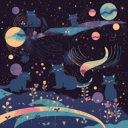 Cats on the background of the night sky. Vector illustration.の素材