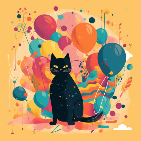 Cute black cat with balloons on colorful background. Vector illustration.の素材