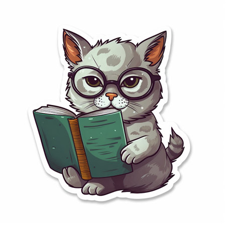 Cute cat with glasses reading a book. Vector illustration on white background.の素材