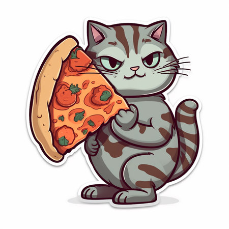 Cute cat with pizza isolated on white background. Vector illustration.の素材