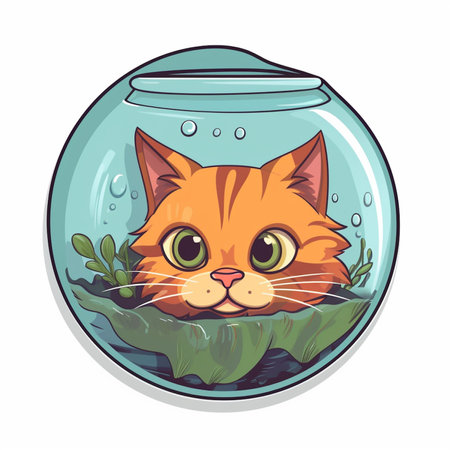 Cute red cat in a round aquarium. Vector illustration on white background.の素材