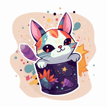 Cute cartoon cat sitting on a gift box. Vector illustration.の素材