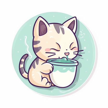 Cute cartoon cat drinking milk from a bowl. Vector illustration.の素材