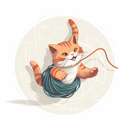 Cute cartoon cat playing with ball of yarn. Vector illustration.の素材