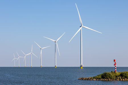 Offshore wind farm, IJsselmeer, the Netherlands, with marine signalの写真素材