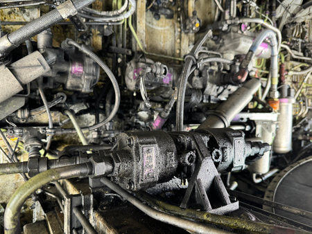 Detailed image of various pipes, hoses, tubes from the inside of an airplane. Hydraulic lines, valves, tubes, switches and wires in colourful arrangement.の写真素材