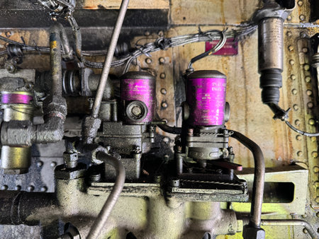 Detailed image of various pipes, hoses, tubes from the inside of an airplane. Hydraulic lines,...