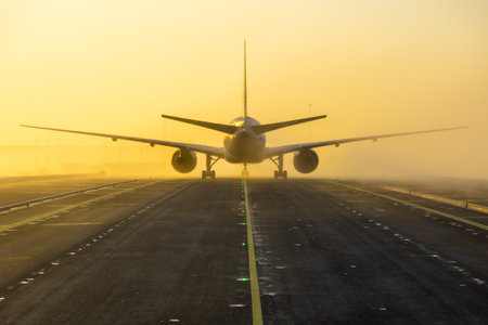 Airplane on the runway of the airport in the fog at sunrise