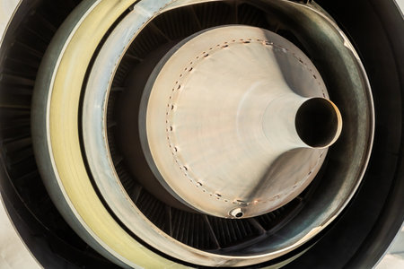 Turbine of a jet engine, close-up view.