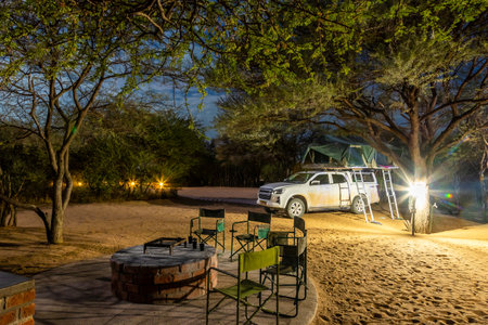 Camper car on the beach at night in Kruger Park South Africaの写真素材