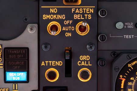 Close up of a control panel of a commercial airliner flight aircraft.の写真素材