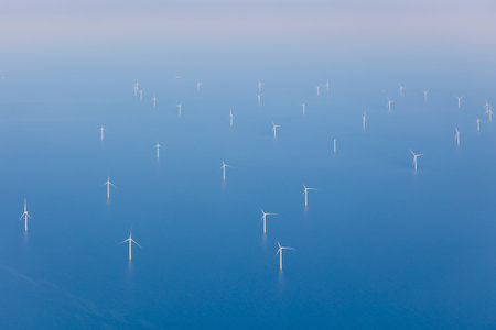 Wind turbines in the early morning light. View from above.