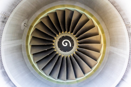 Turbine of an airplane, close-up view of the engine
