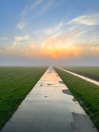 Sunrise over a canal in the Netherlands with a long concrete pathwayの写真素材