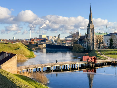 View of the river with the Cathedral of St. Peter and Paul in the backgroundの写真素材