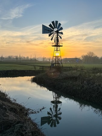 Bright orange sunrise at fields with light fog and an American style windmill in Friesland, the Netherlands. High quality photoの写真素材