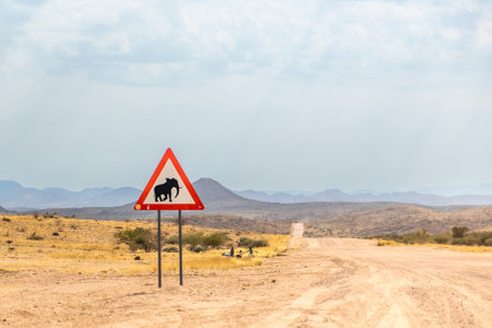 Red triangle road sign warning for elephant in barren African landscapeの写真素材
