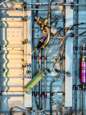 Detailed image of various pipes, hoses, tubes from the inside of an airplane. Hydraulic lines,...