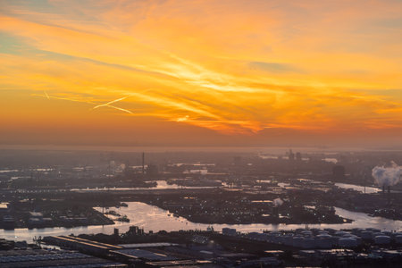 Aerial view of canal with port harbor outside Amsterdam during sunriseの写真素材