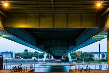 Severins bridge, view from Rheinauhafen, brigde from below, parking bicyclesの写真素材