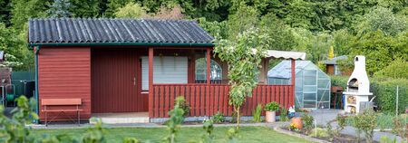 view into a allotment garden with a tiny house, springの写真素材