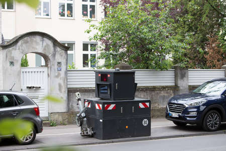 Cologne, NRW, Germany, 06 05 2021, radar speed trap with car in motion, outdoors