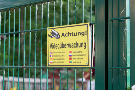 German sign fixed at a fence, caution video surveillance, written in several languagesの写真素材