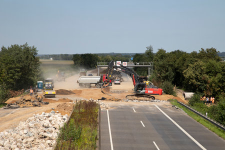 Ollheim, NRW, Germany, 08 25 2021, Roadworks on A61 because of damage by flood, closed highwayのeditorial素材