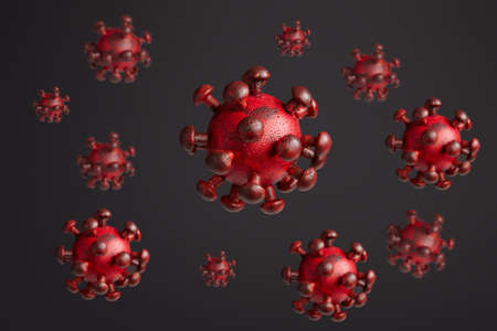 Model of corona virus, covid-19, red on dark gray backgroundの写真素材