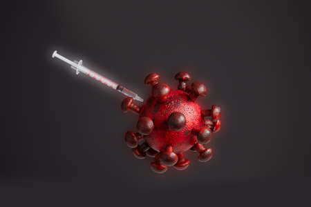 Model of corona virus, covid-19, red on black background, vaccination is in the virusの写真素材