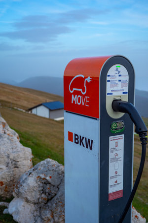 Chasseral, Switzerland - November 7th 2020: Charging electric carsのeditorial素材
