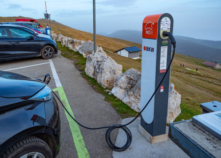 Chasseral, Switzerland - November 7th 2020: Charging electric carsのeditorial素材