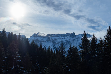View from the hills in Appenzell to Saentis, a mountain in Switzerlandの写真素材