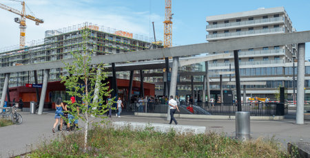 Zurich, Switzerland - August 12th 2020: Station Stettbach in front of buildingsのeditorial素材