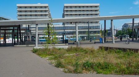 Zurich, Switzerland - August 12th 2020: Station Stettbach in front of buildingsのeditorial素材
