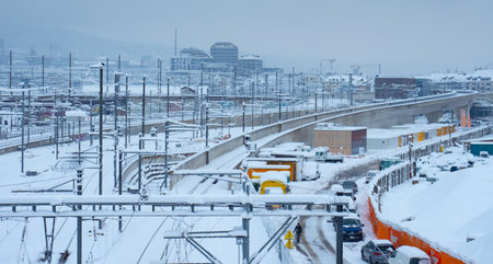 Zurich, Switzerland - January 15th 2021: View over the central rail axis in snowのeditorial素材