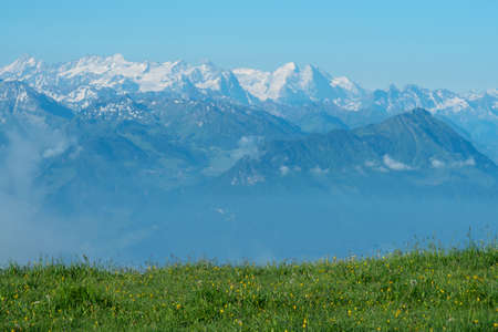 View from the top of Rigi, a mountain in Switzerland, on a sunny morning.の写真素材