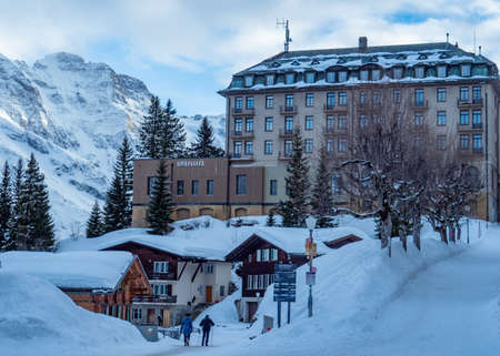 Muerren, Switzerland - March 1st 2018: The former famous Alpine Palace Hotel.のeditorial素材